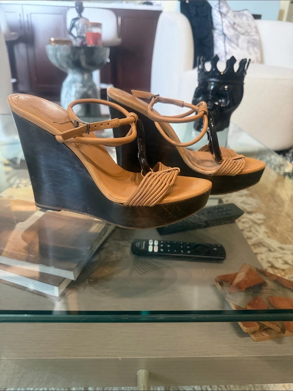 Dior Tan Leather Wedge Sandals with Dark Brown Serpent Accent